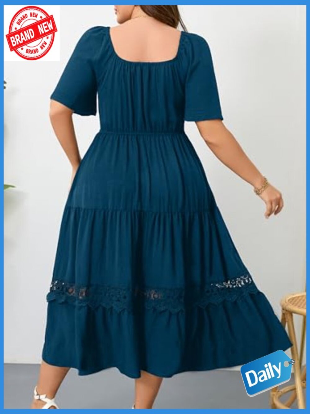 Plus Size Maxi Dress Ruffle Sleeve Square Neck Flowy A-Line Lace Trim - Picture 6 of 7